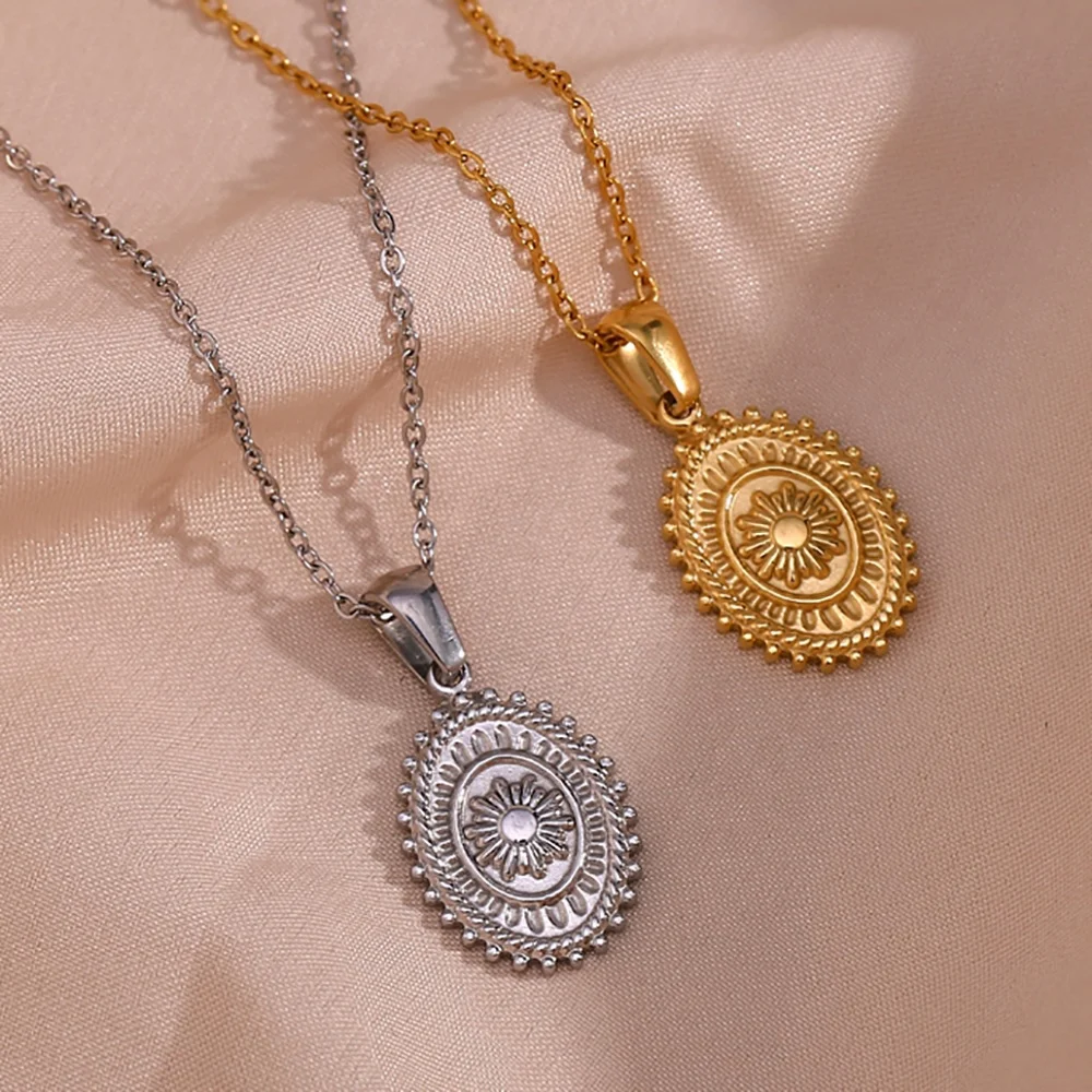 Vintage Multi layer Engraved Flower Pendant Necklace Gold Plated Stainless Steel Necklace Design Jewelry