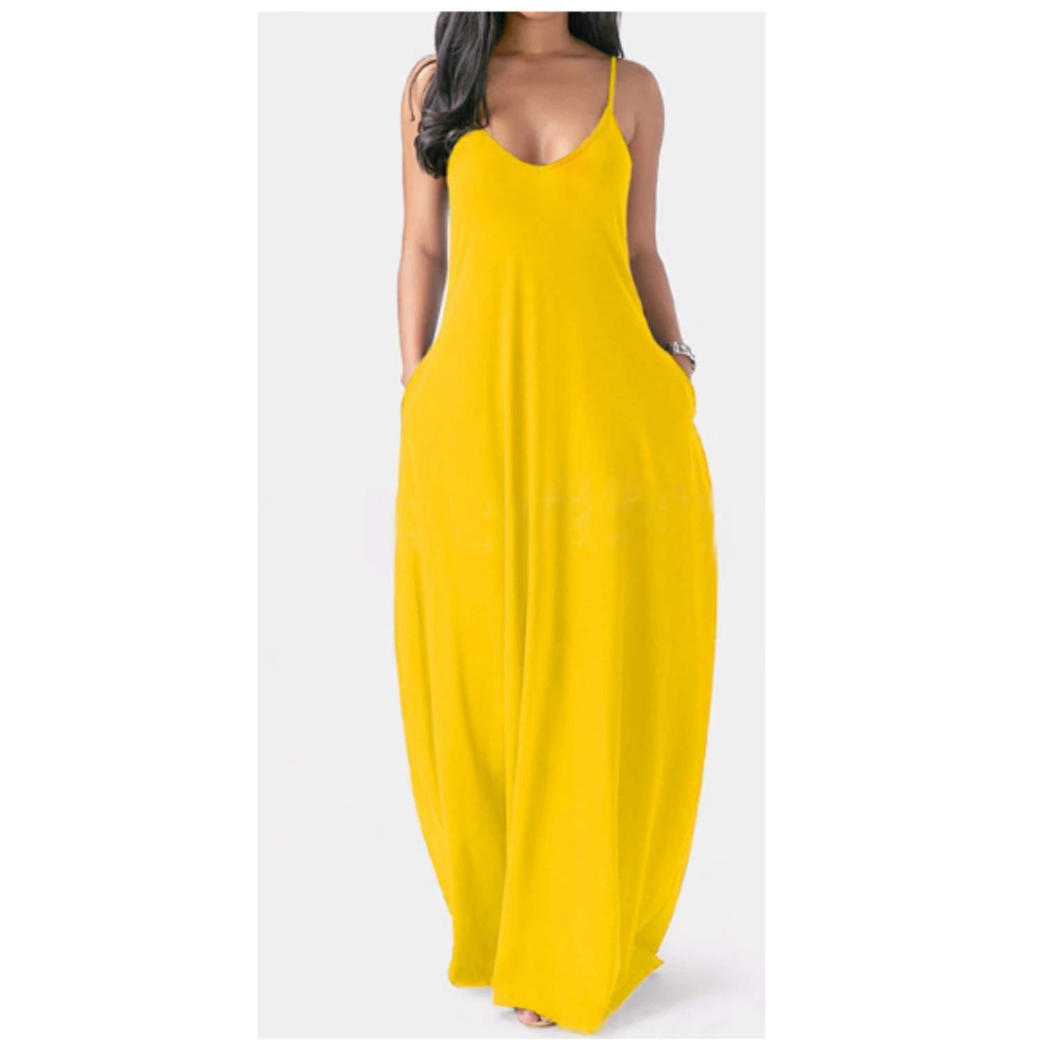 

Plus size women's solid color sexy deep V suspender long dress