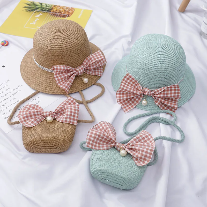 

Children's Straw Summer Sunshade Hat Handbags Sets Girls Travel Wild Beach Accessories Bow Crossbody Bag, Customized color