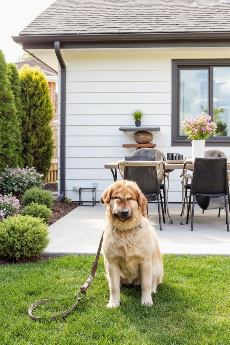 Cozy pet zone in a backyard room featuring a custom-made pet bed and toy storage