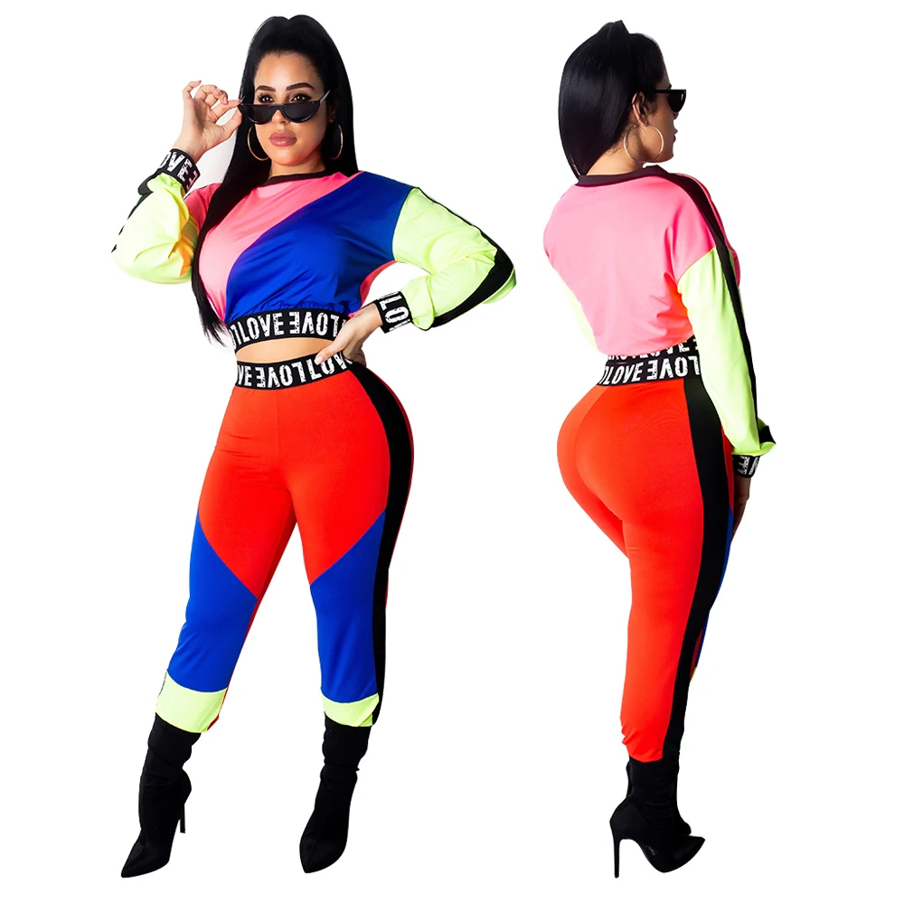 Two Piece Outfits Women Casual Long Sleeve Print Crop Top Bodycon Long Pants sport wear Tracksuit