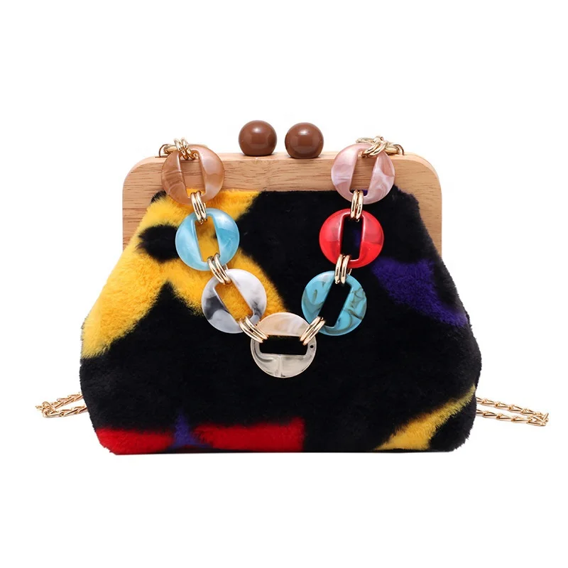 

2020 Branded Printing Fleece Women hand bag Colorful Acrylic Resin Tote Crossbody Gold Chains Ladies Fur Bags