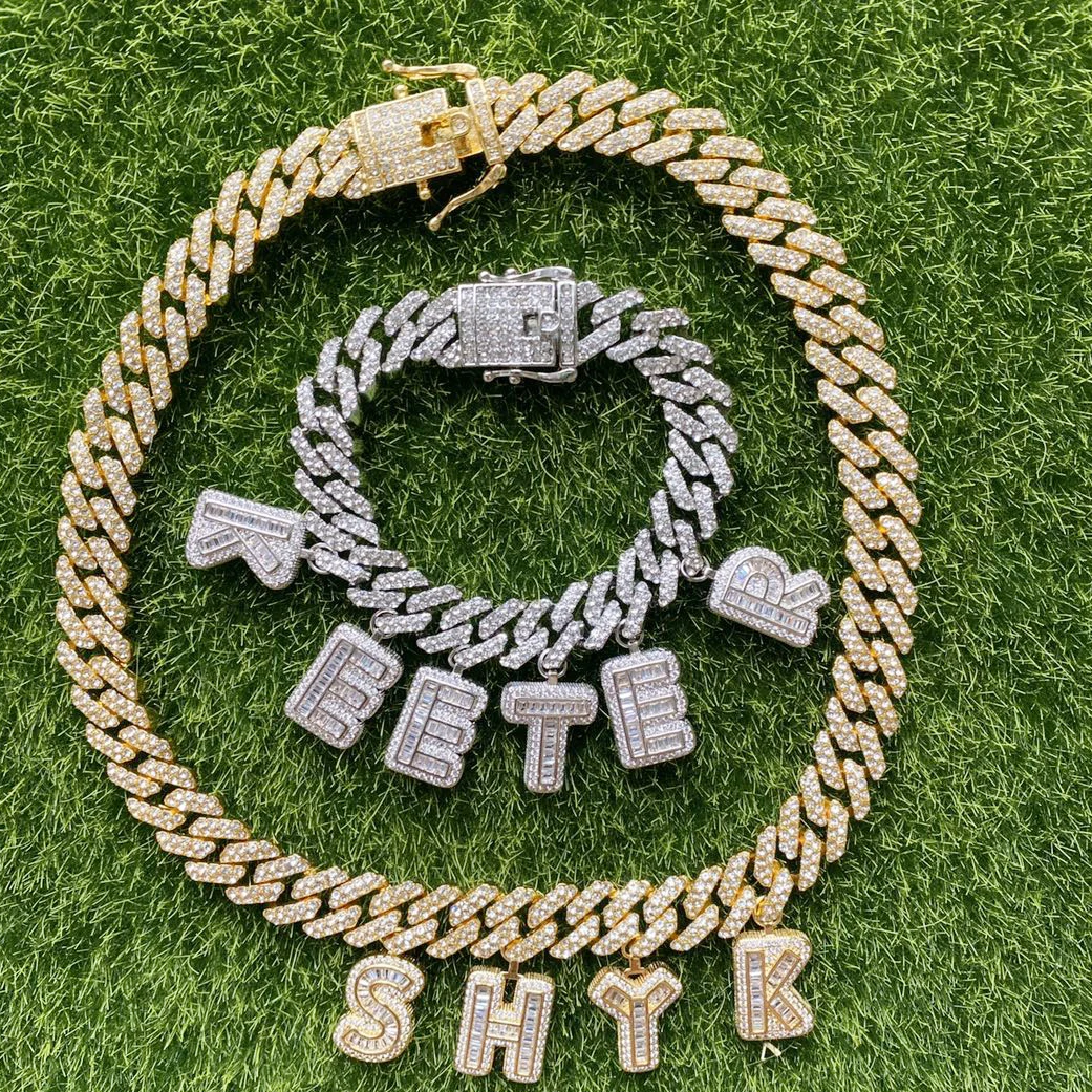 

Women men diamond custom cuban chain customized name plate jewelry necklace baguette diamond letter name necklace