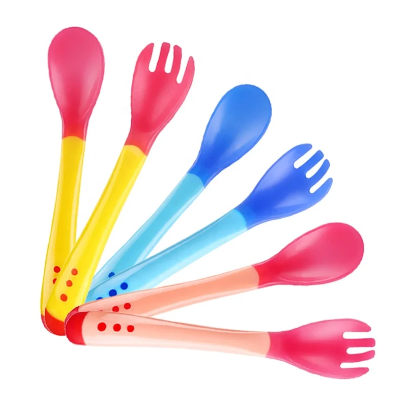

Factory Sale Bpa Free Plastic Color Changing Baby Spoon Fork Baby Feeding Tool, Blue pink orange