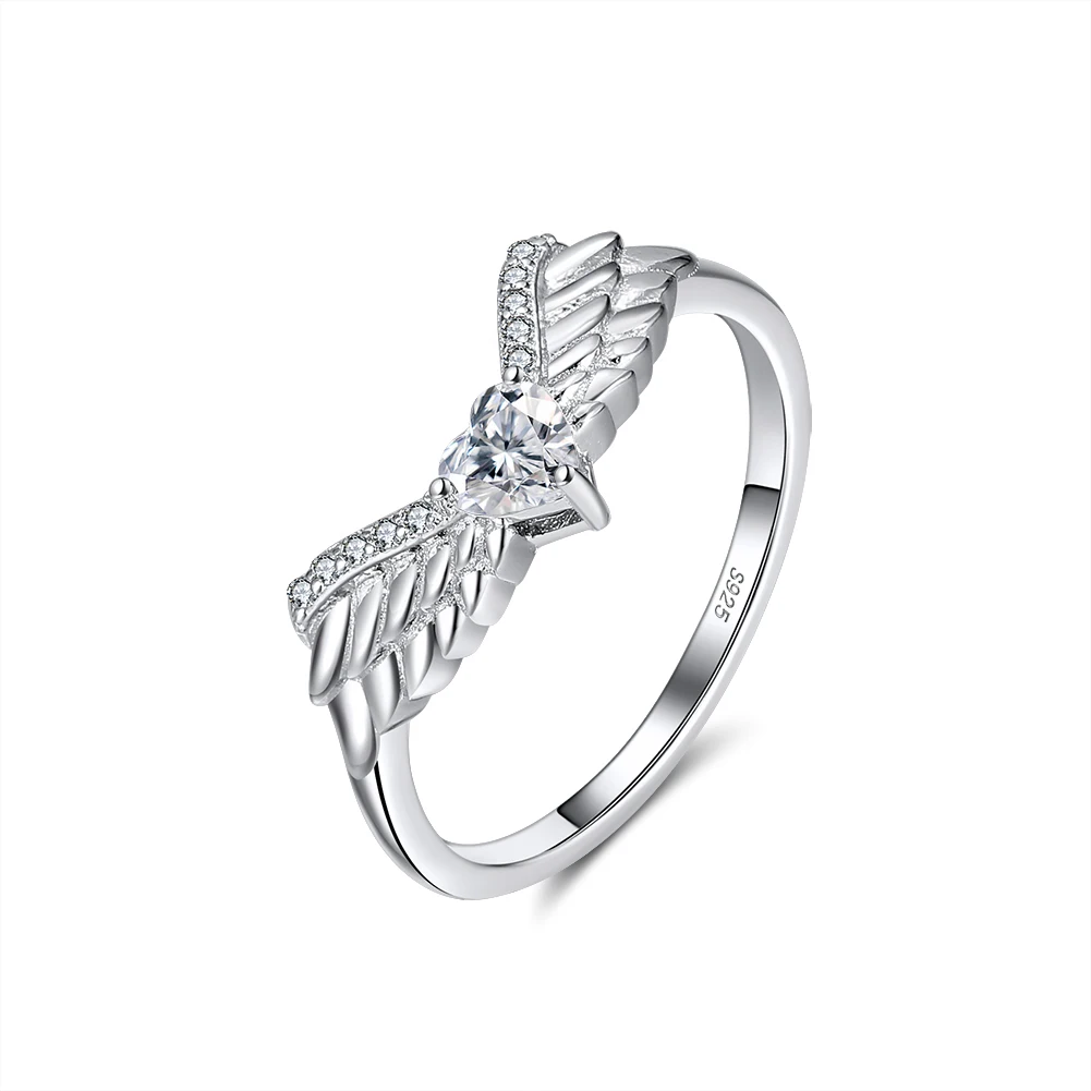 

RINNTIN SR226 Women Accessories Heart Ring Jewelry 925 Sterling Silver Zircon Wings Finger Rings