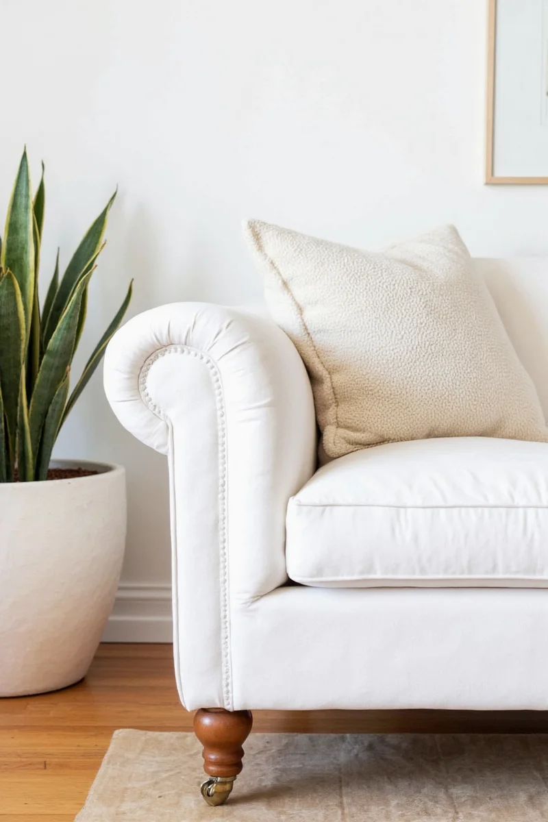 Cleaning supplies next to a white chair couch