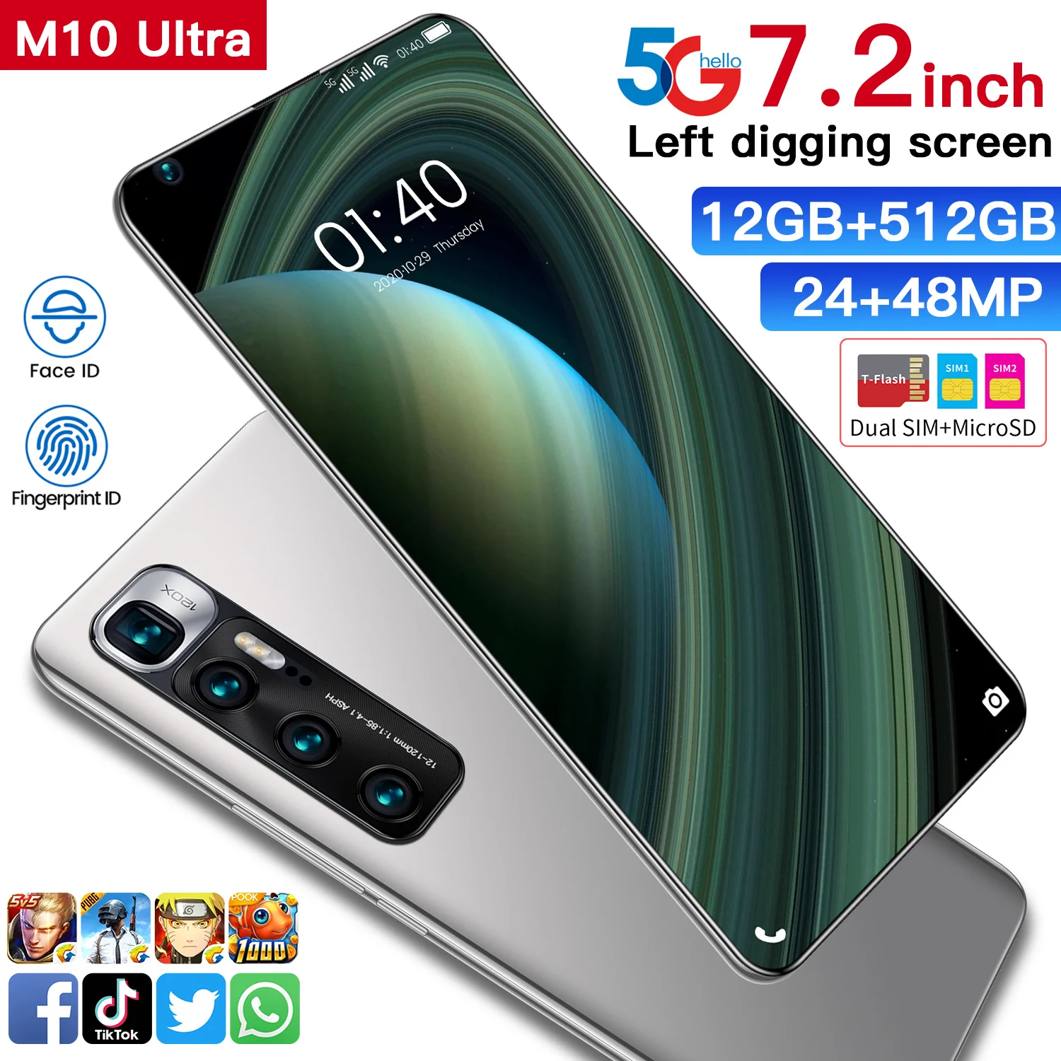 

Ready To Ship M10 Mobile Phone MTK 6889 Octa Core 12+512GB Large Memory Smartphone 7.2 inch FHD Gig Screen Face ID Cellphone