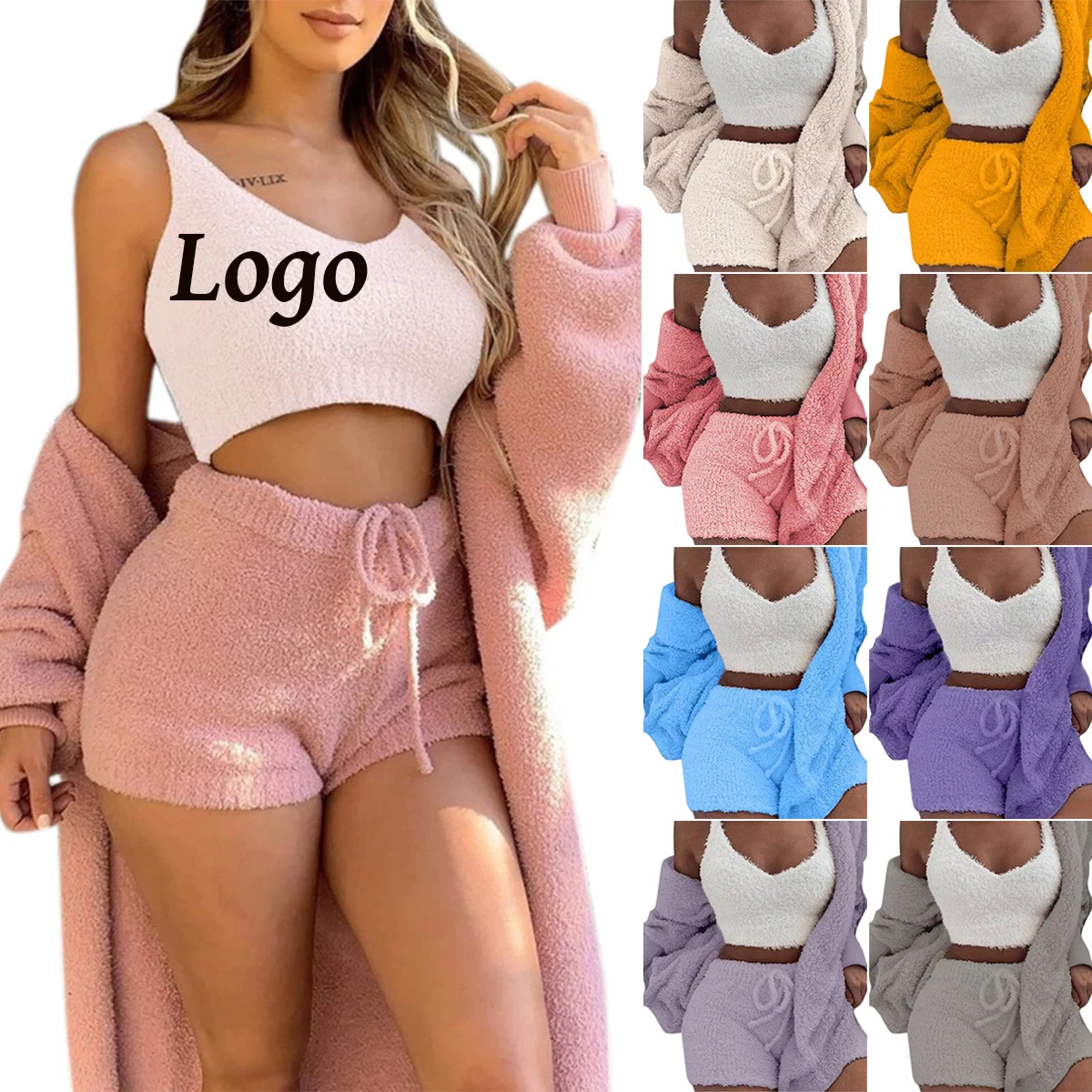 

Wholesale Fleece Long Sleeve Robe Crop Top Shorts Three Piece Plus Size Loungewear Cozy Plush Fleece Lounge Women Pajama Set