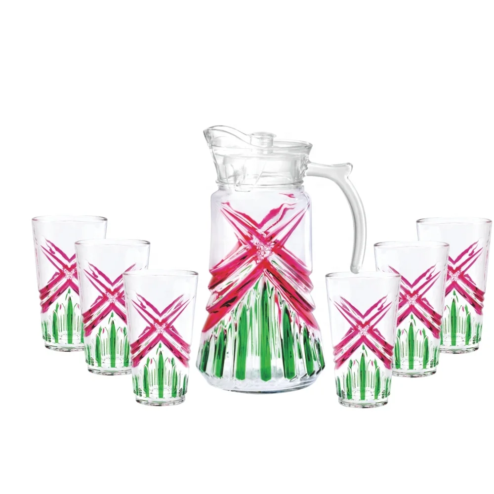 

Colorful 7Pcs Pitcher Set Glass Water Jug Set Water Jug With 6Pcs Cups,1.5L Water Jug, Clear