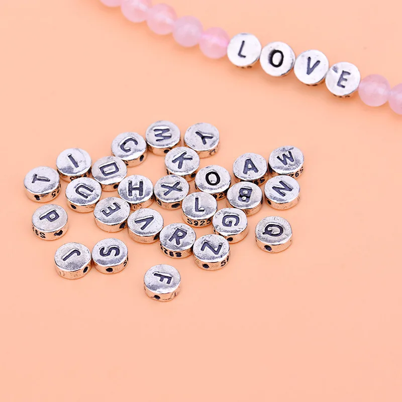 DIY 26 Alphabet 925 Sterling Silver Initial Letter Round Spacer Beads for Jewelry Making