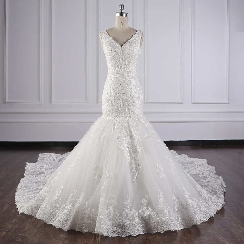 Custom embroidery bride dress luxury long white formal lace mermaid ball gown dresses with long train wedding dress bridal gown