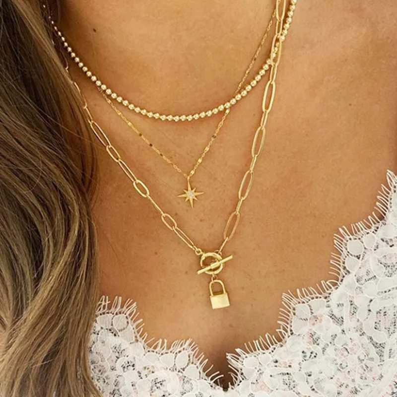 

Hot Fashion Ball Chain lock Star Necklace For Women Multi Layered Gold Trendy Bohemian Necklaces Female Gift Jewelry