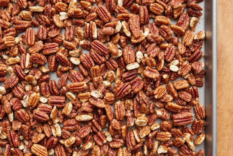Close-up of golden brown cinnamon sugar pecans cooling on baking sheet with cinnamon sticks and sugar crystals visible