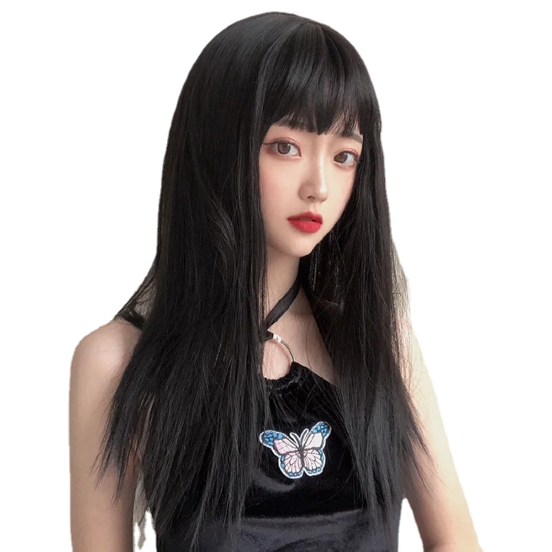 

Dropshipping New fashion Long Straight Hair With Blunt Bangs Breathable Hairpiece For Woman See-through Air Bangs Wig