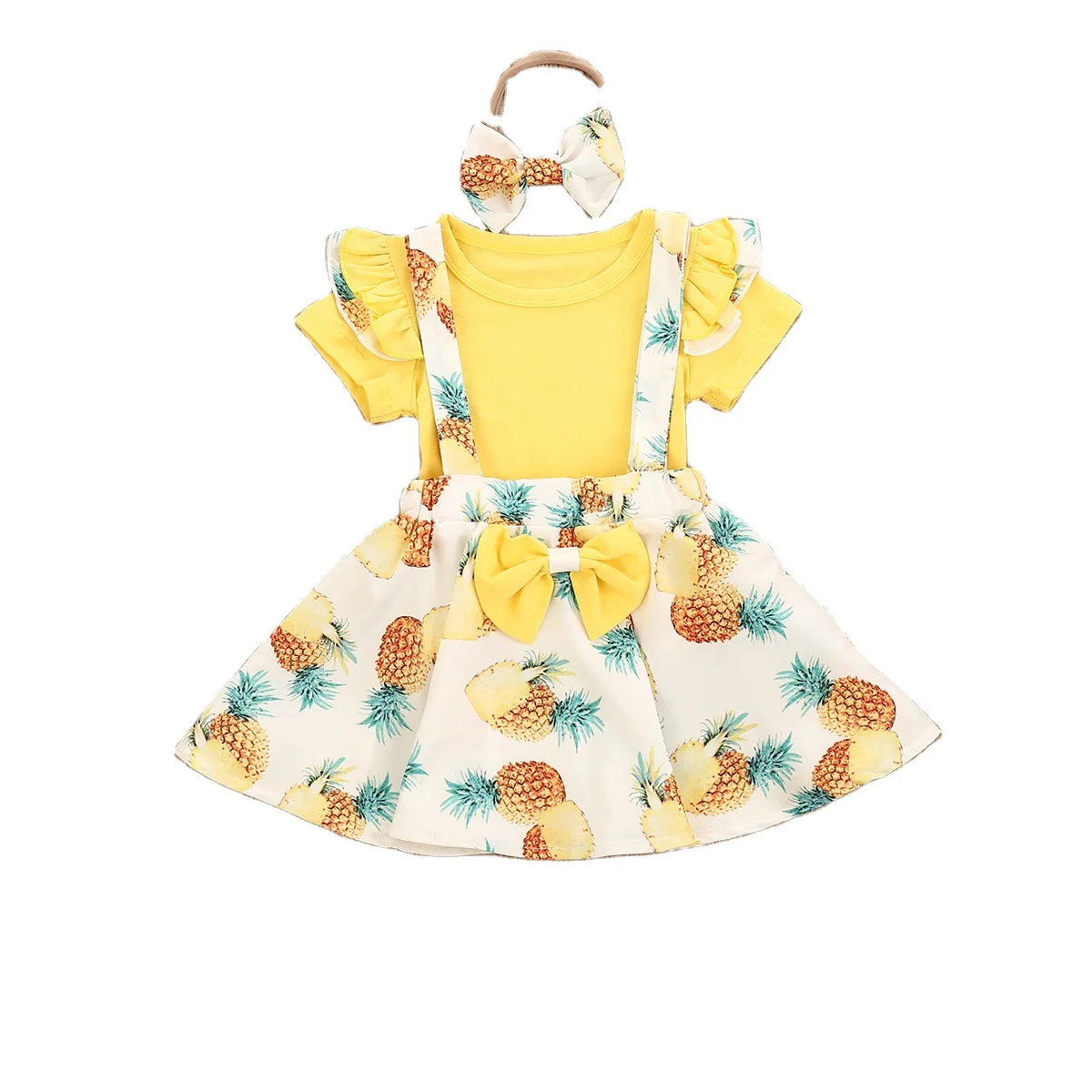 

baby girls summer yellow pullover with pineapple printed skirt three piece suit for girls dress baby set, As picture