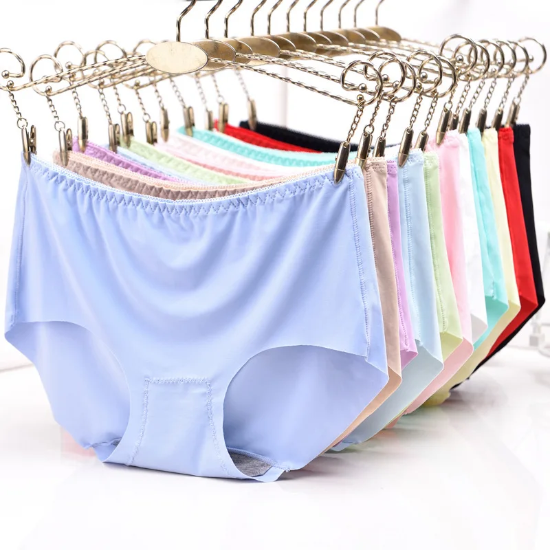 

Directly Traceless Seamless Underwear Ice Silk Briefs Women Custom Logo Fitness Cotton Middle Waist Breathable Ice Silk Panties, 12 colors