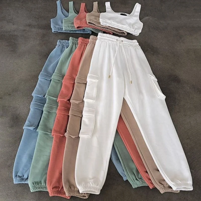 

New fashion blank 2 piece sets with pockets casual cargo joggers xs outfits women