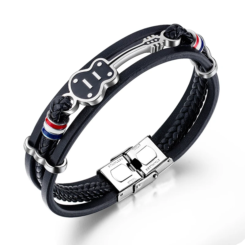 

New Stainless Steel Guitar Bracelet Male Braided Rope Multilayer PU Leather Bangle for Men (SK709), As picture