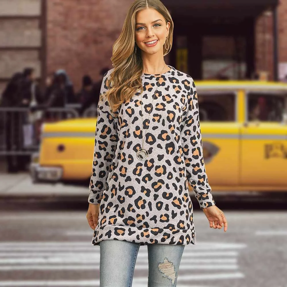 

Leopard Print T-shirt Autumn And Winter New Fashion Casual Long-sleeved Round Neck Top, Picture showed