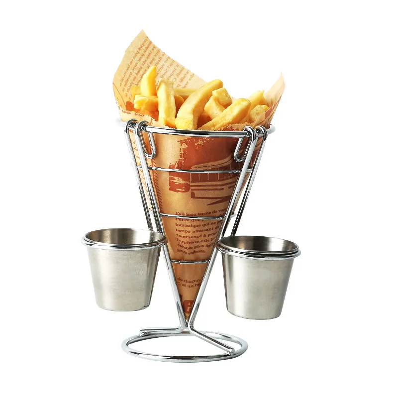

Snack Fried Chicken Display Metal Cone Rack Wire French Fries Stand Cone Basket Fry Holder with Sauce Dippers for Kitchen, Customized color