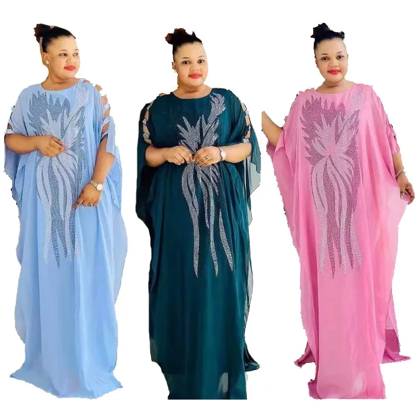 

Foma FM-750 new fashion women chiffon rhinestones cardigan dresses African long robe two 2 piece set, 5 colors