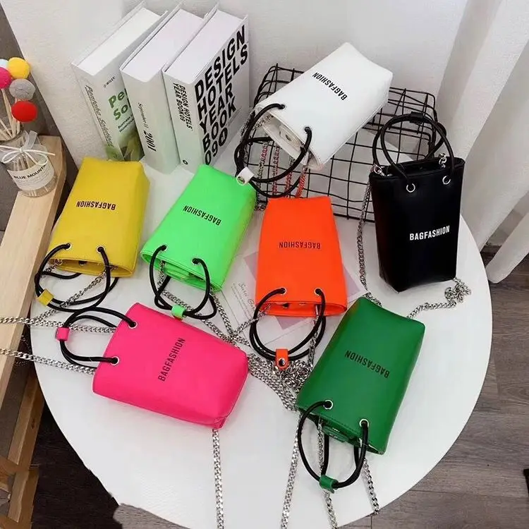 

Chain bucket bag trend fluorescent color bag woman small shoulder bags fashion letter handbag