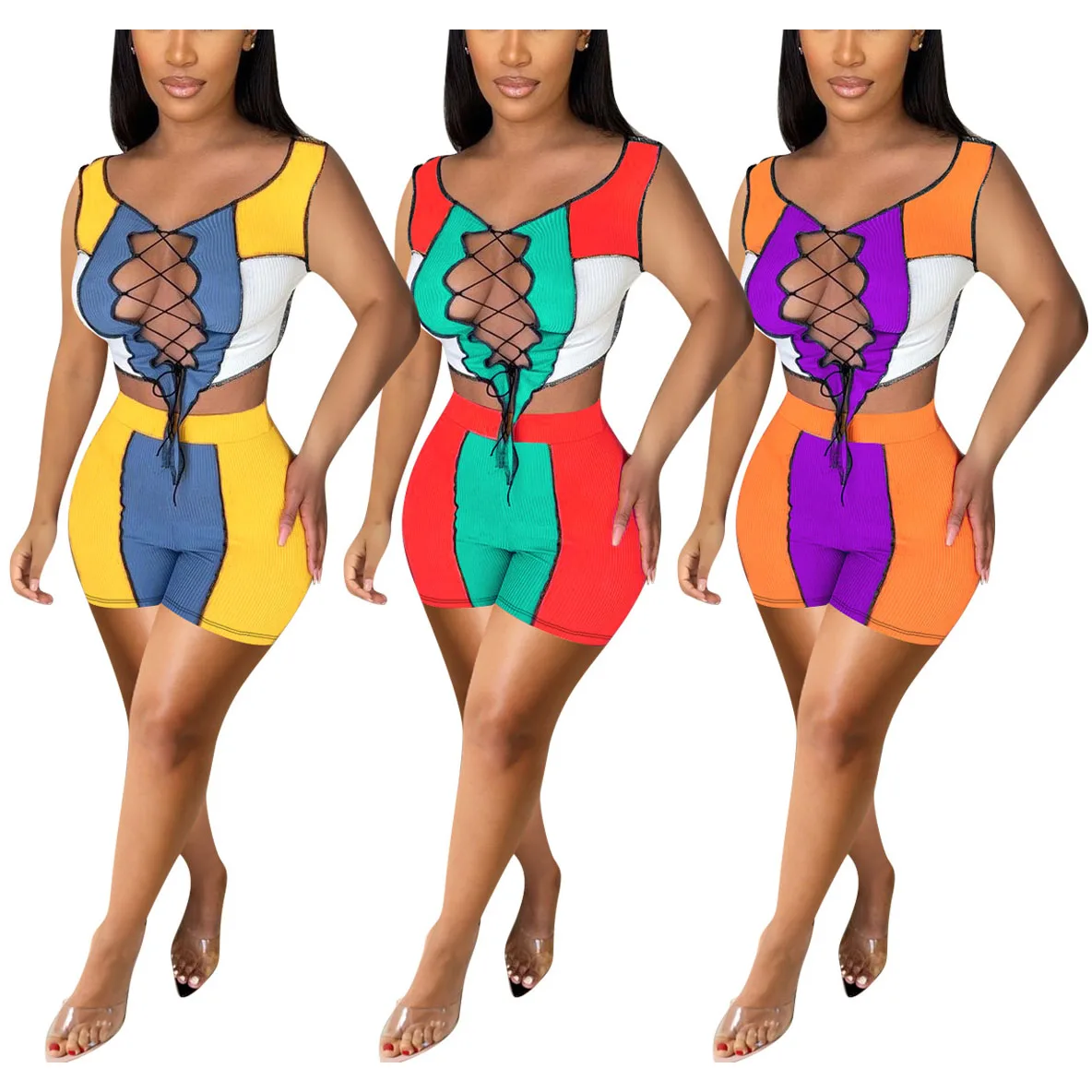 

FS2522D Women Color Blocking Two Piece Set Color Patchwork Bandage Crop Top and Pants Streetwear Summer Sportsuit Outfit