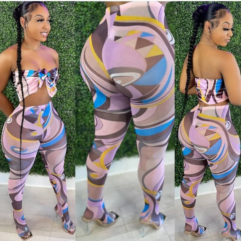 

2021 Summer Wholesale Unique Design Sexy Night Wear Women Mesh Pants And Printed Crop Top Two-pieces Set