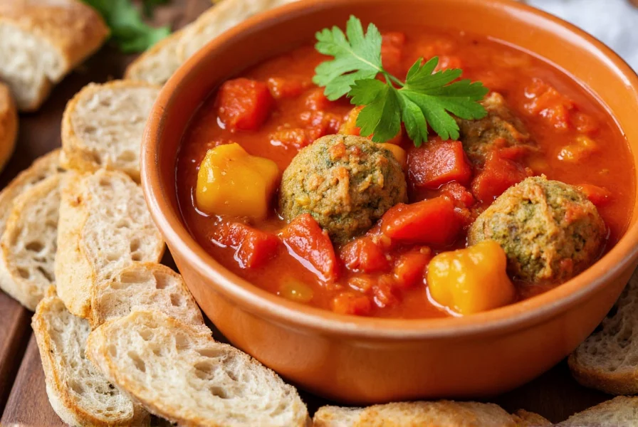 Finished bowl of unstuffed pepper soup with vibrant bell pepper pieces visible, garnished with parsley, served with crusty bread