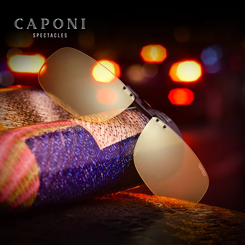 

CAPONI Fashion Trend Men Polarized UV400 Glasses Yellow Lens Clip On Myopia Frame For Driving Night Vision Clip On Sun Glasses