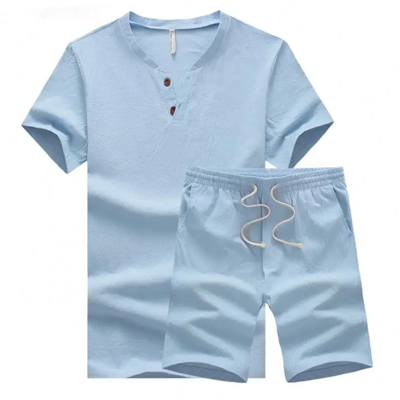 

CX OEM/LOGO summer blank print logo mens jogging tracksuit hemp cotton two piece short sets men, White, black,light blue,khaki,navy blue