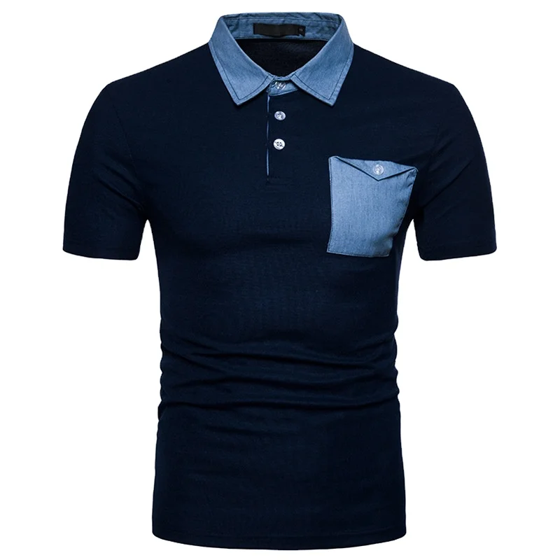 

Laamei Men Polo Shirts Brand Denim Pocket Patchwork Polos Shirts Male Casual Short Sleeve Polo Shirt