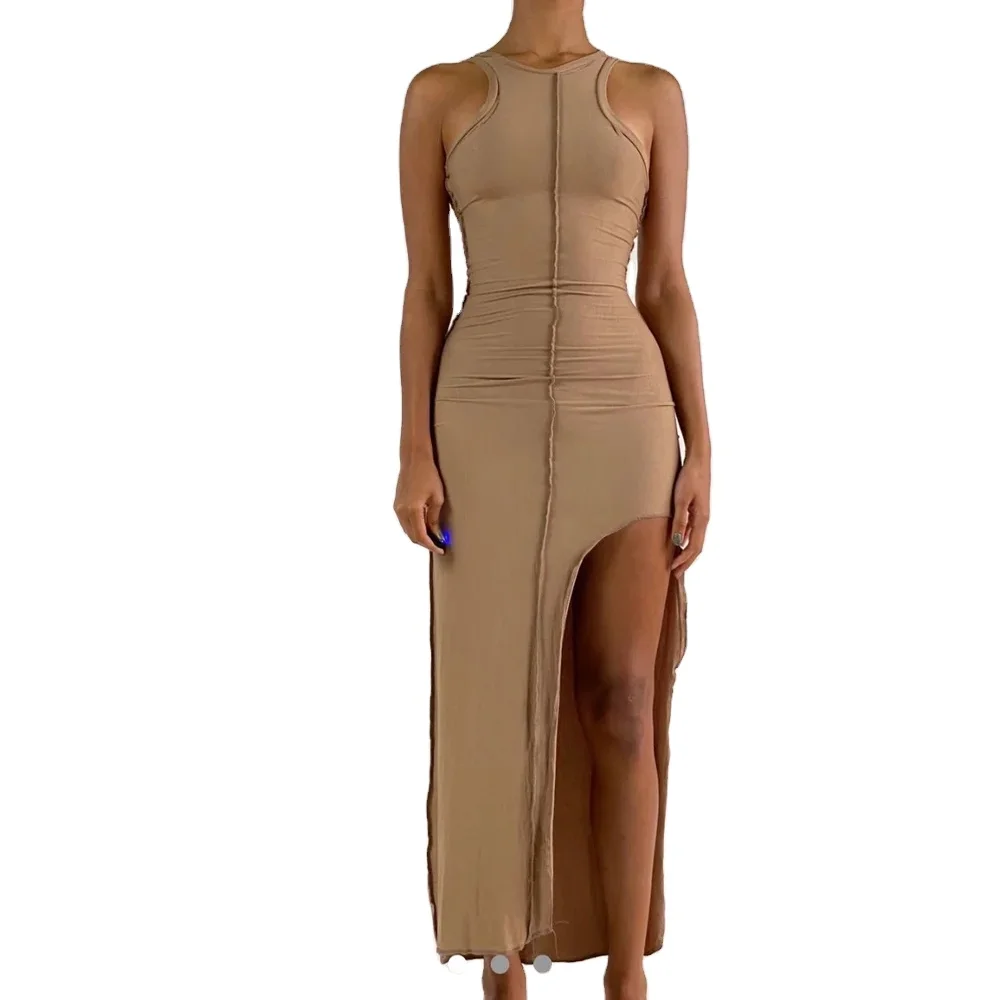 

2021 summer casual dress Women's Brown tuxedo details slim belt wrap tight dress with spaghetti strap