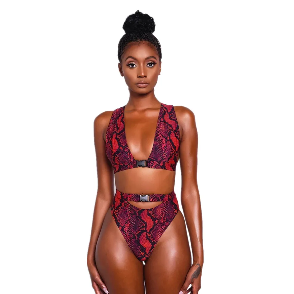 

2022 new hot sale swimwear sexy bikini Snake Pattern Women's high waist tight deep v-neck swimsuit, Picture