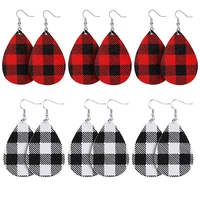 

Scottish Style Holiday Christmas Teardrop Shape Drop Red Buffalo Plaid Faux Leather Earrings for Women