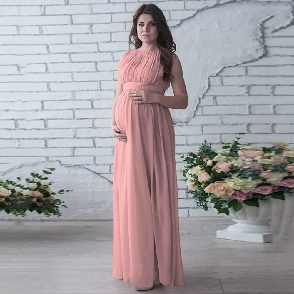

Round Neck Stitching Solid Color Sleeveless Chiffon Plus Size Long Casual Maternity Dress