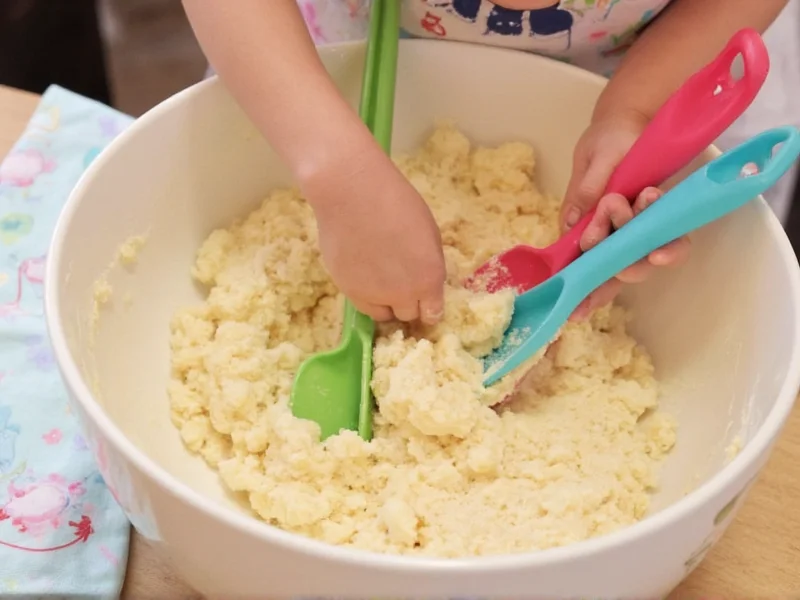 Mixing non-toxic playdough ingredients in a bowl with child-safe tools