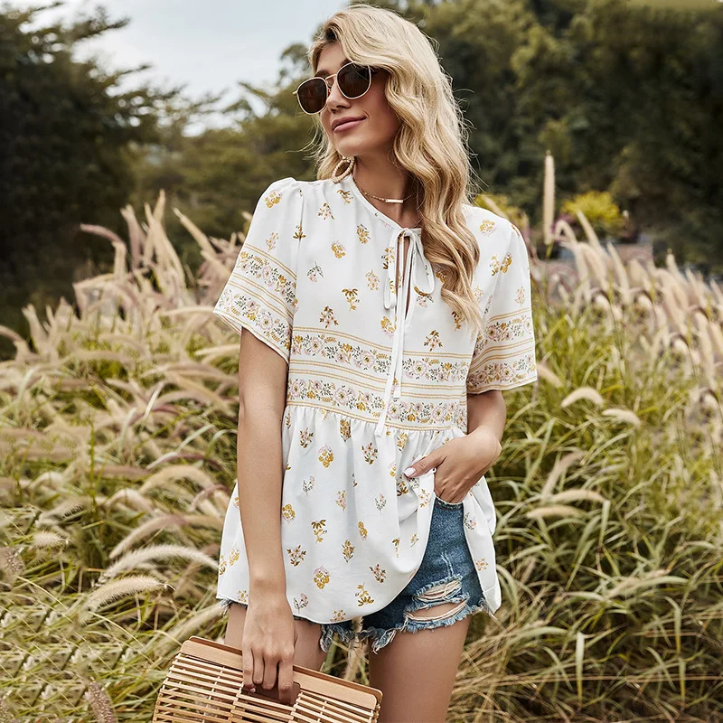 

floral print bohemian woman tops fashionable ladies' blouses shirt summer beachwear