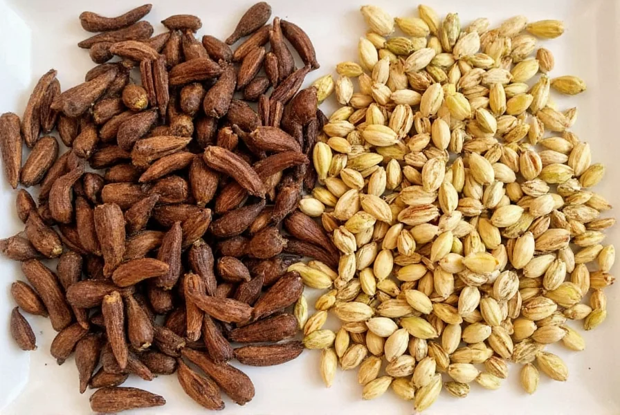 Close-up photography of whole cloves and green cardamom pods arranged on wooden cutting board with mortar and pestle