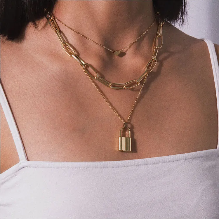 

Punk hip hop exaggerated thick chain multi-layer necklace women alloy necklaces, Silver,gold