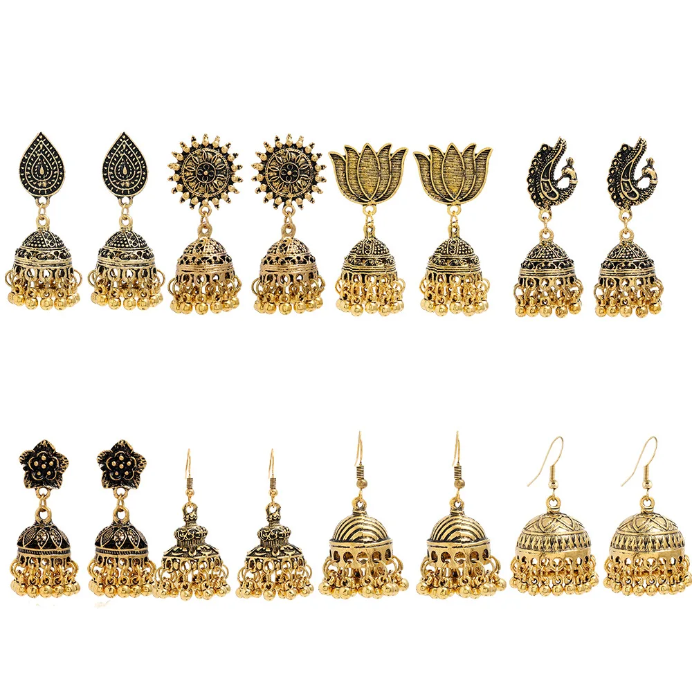 

Hot Selling Vintage Indian Tassel Bell Lotus Dangling Jhumka Earrings Jewelry