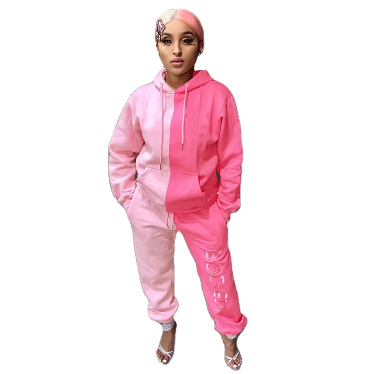 

2021 Sporty Color Block Letter Hoodie Pink Fall Clothing Jogger Sweat Pants Tracksuits 2 pc Women Winter Two Piece Sweatsuit Set, Pink,purple,gray,fluorescent green,blue