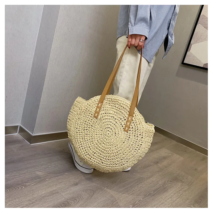 

Casual Rattan Women Shoulder Bags Circle Straw Handbags Big Capacity Summer Totes Lady Round Bohemian Beach Treval bag
