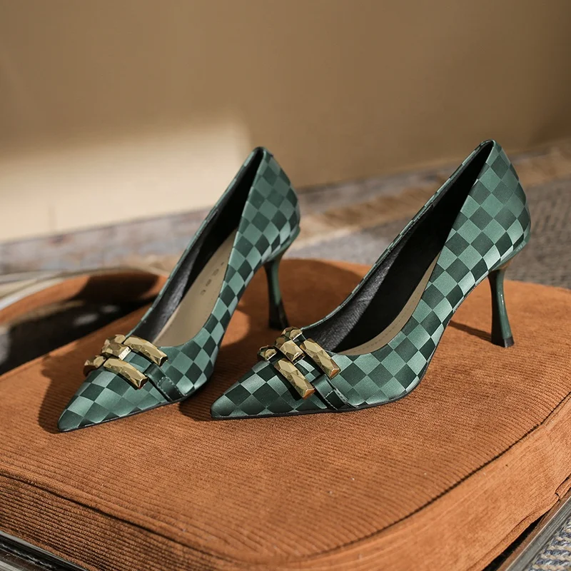 

2022 new fashion women's shoes pointed toe women's high heels sexy stiletto colorblock plaid metal design women's pumps, Black apricot green