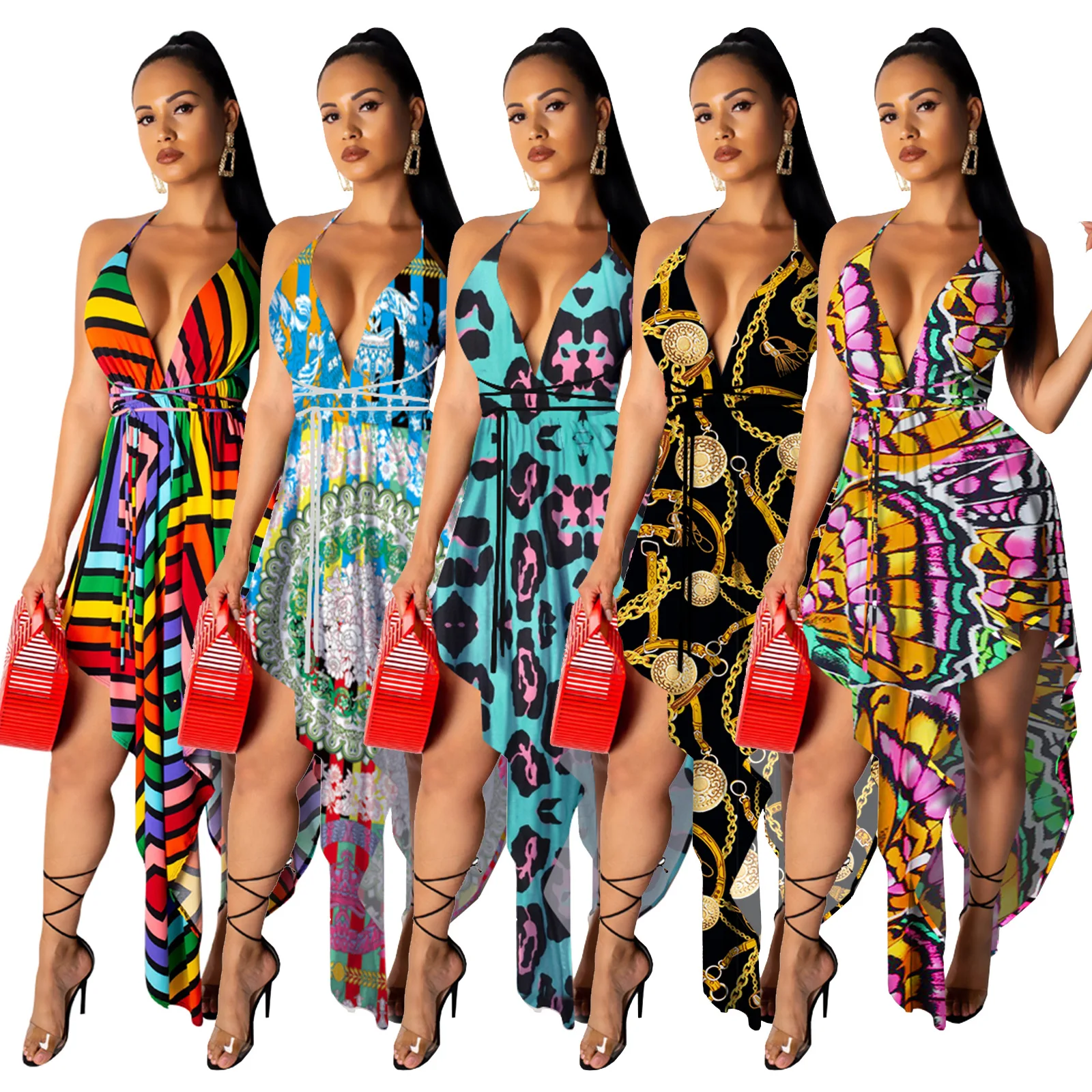 

Women's Summer Halter V Neck Bohemian Irregular Dress Spagehtti Strap Backless Bandage Printed Beach Party Dress