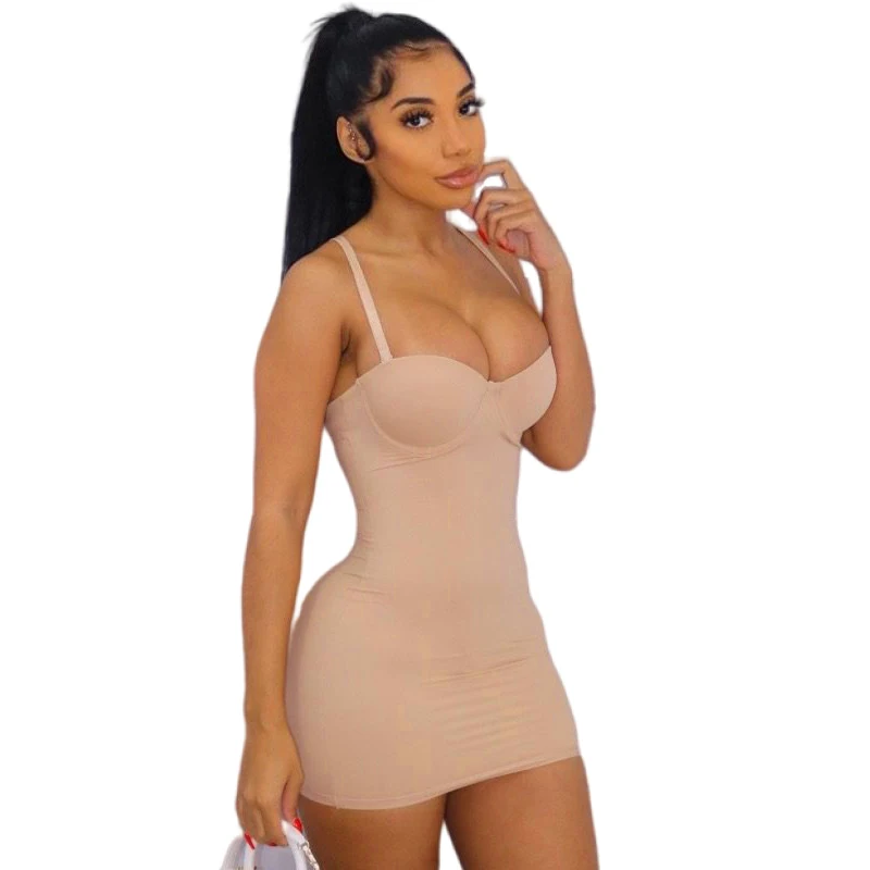 

Sexy Women Body Shapewear Mini Dress Hollow Out Summer Thin Shapewear Solid Color Sleeveless Party Night Clubwear Dresses