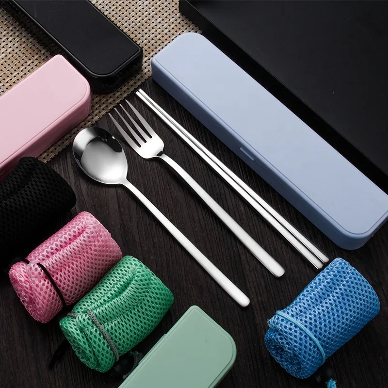 

304 Stainless Steel Travel Spoon Fork Chopsticks Flatware 3Pcs Student Portable Cutlery Set With Box