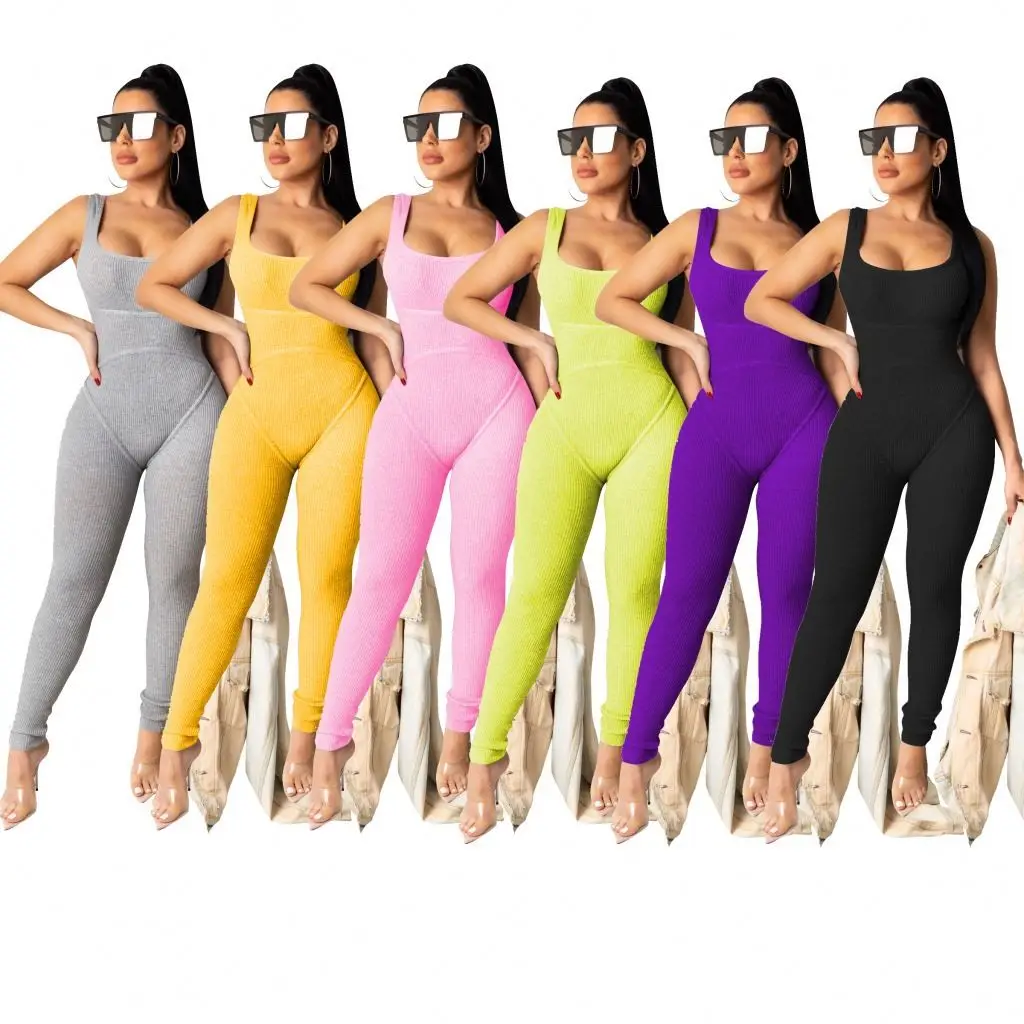 

2020 New Fashion Summer Solid Color Sleeveless Bodycon One Piece Jumpsuits Women Clothes
