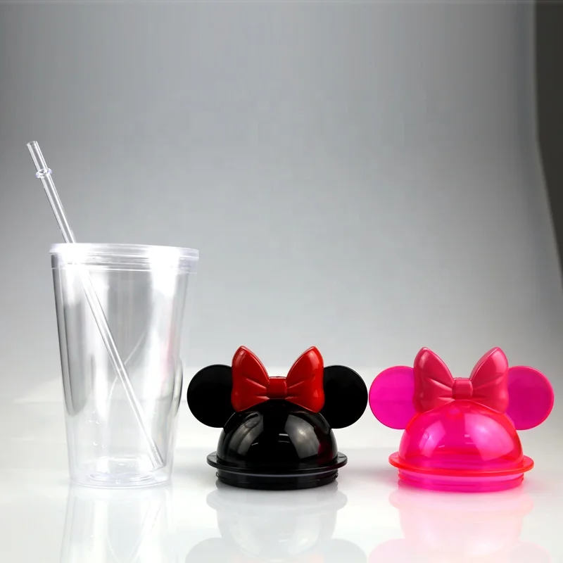 

Whole sale Hot Selling New Double Wall 16oz Acrylic Plastic Minnie Mouse Ear Water Bottle Cup Tumbler Mug, Pink and black