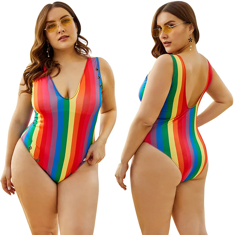 

YZ-1087 Conservative Backless Covered His Sexy Rainbow Printing Triangle Swimsuit Of Big Yards One Piece Women Plus Size Swimwea